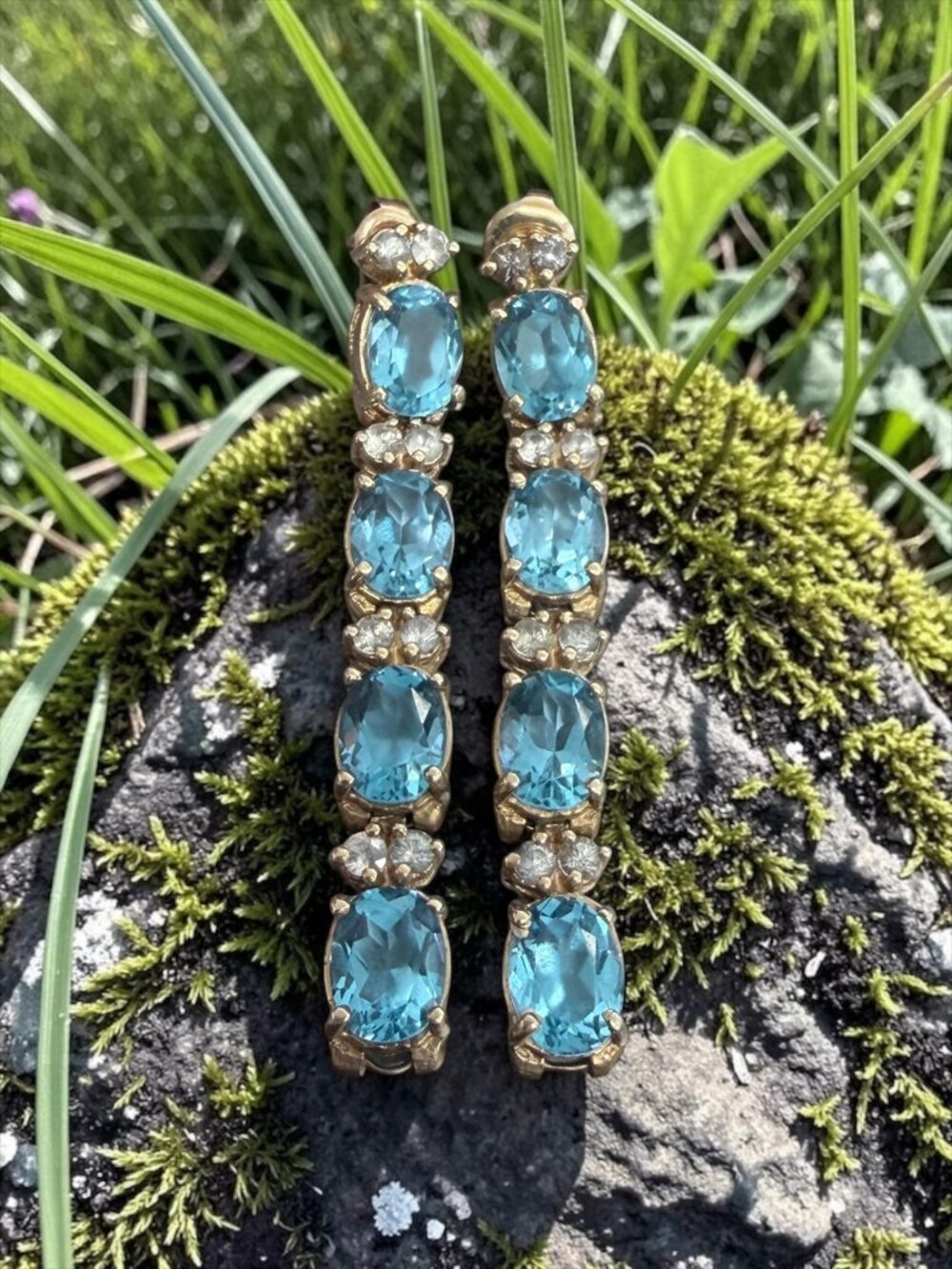 14k Gold Blue and White Topaz Dangle Earrings